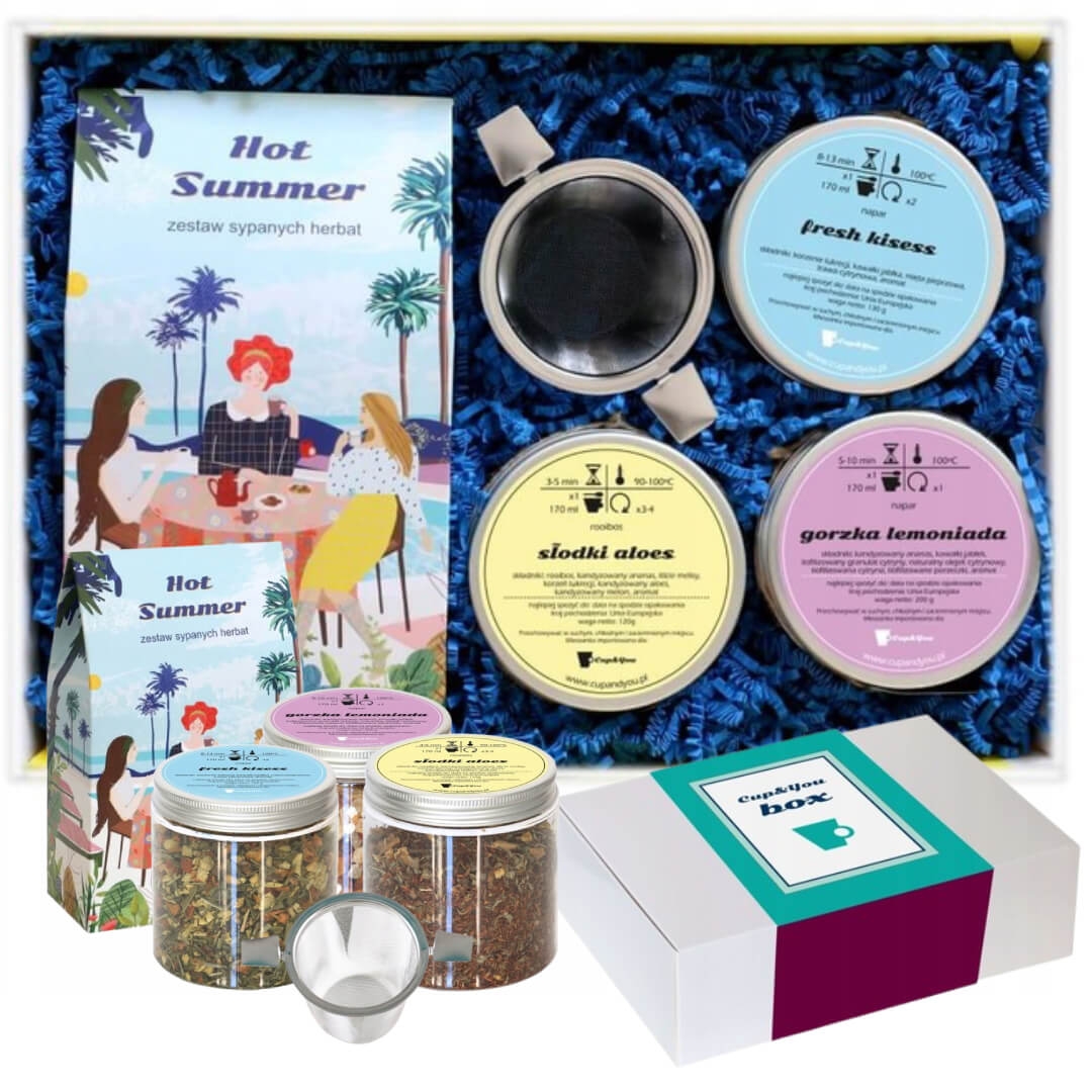 Gotowy zestaw prezentowy „HOT SUMMER“ herbaty PREMIUM 10szt. herbata mrożona na zimno owocowa rooibos ziołowa zaparzacz na prezent upominek
