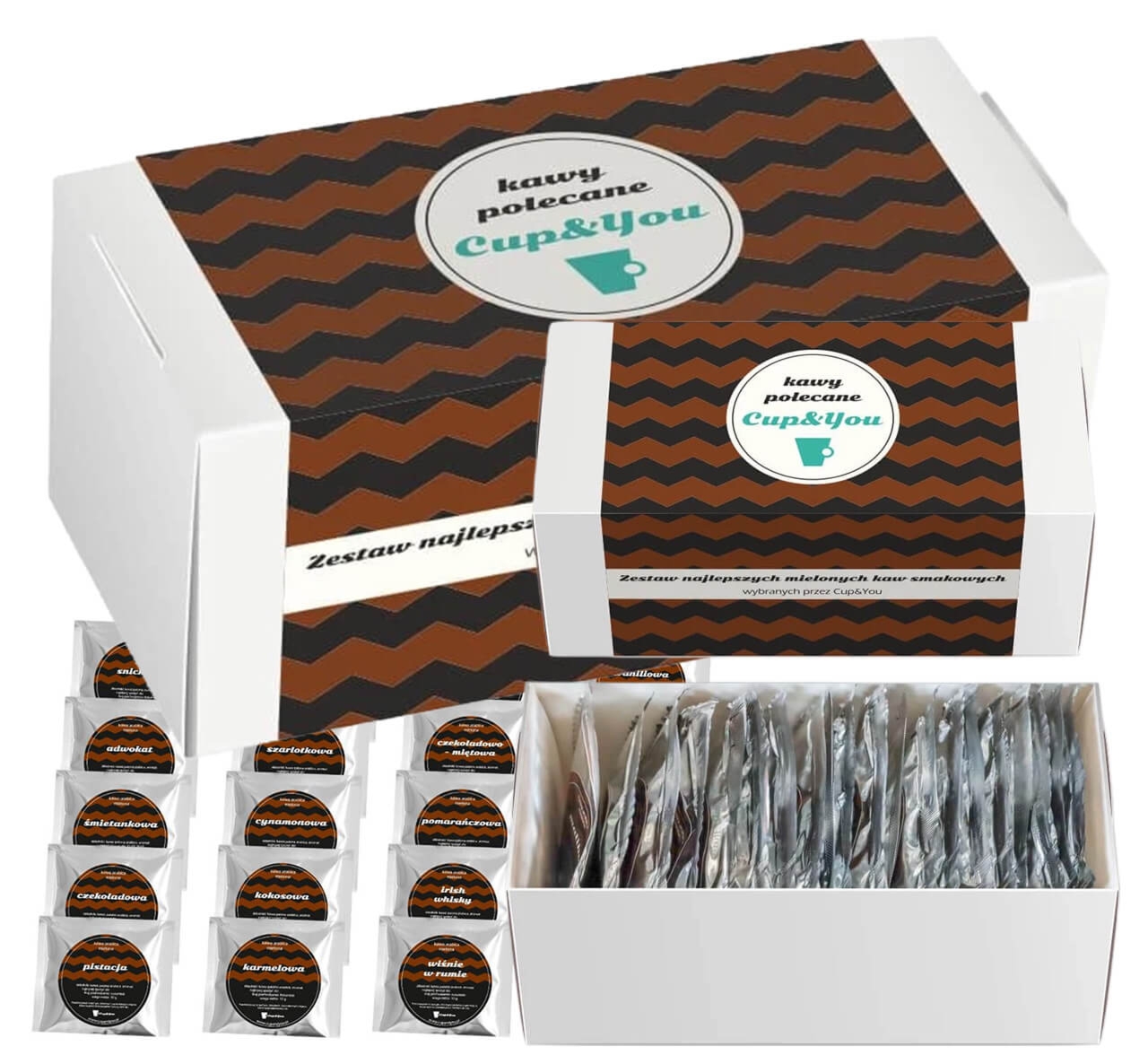 Gotowy zestaw prezentowy „Kawy polecane Cup&You“ kawa aromatyzowana PREMIUM różne smaki 20szt. prezent upominek na każdą okazję dla kobiety faceta