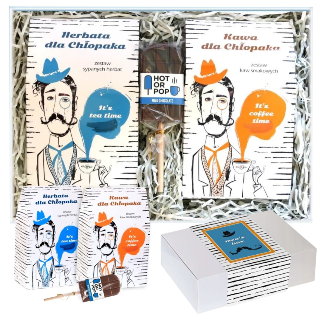 Gotowy zestaw prezentowy „Men's Box“ kawa aromatyzowana herbata sypana PREMIUM czekoladowy lizak prezent upominek na Dzień Chłopaka dla faceta męża