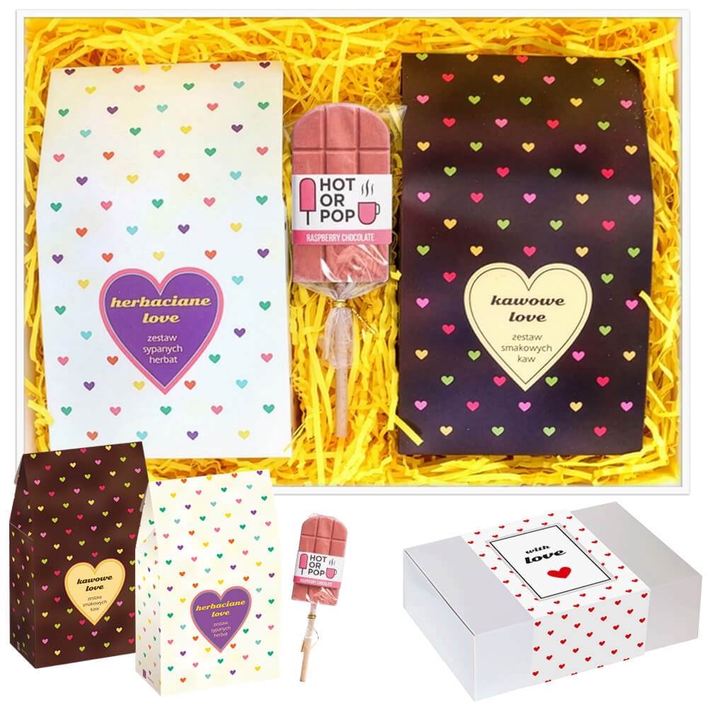 Gotowy zestaw prezentowy „Lovebox DOBRANA PARA“ herbaty PREMIUM kawy smakowe czekoladowy lizak prezent upominek na waletynki dla zakochanych kobiety