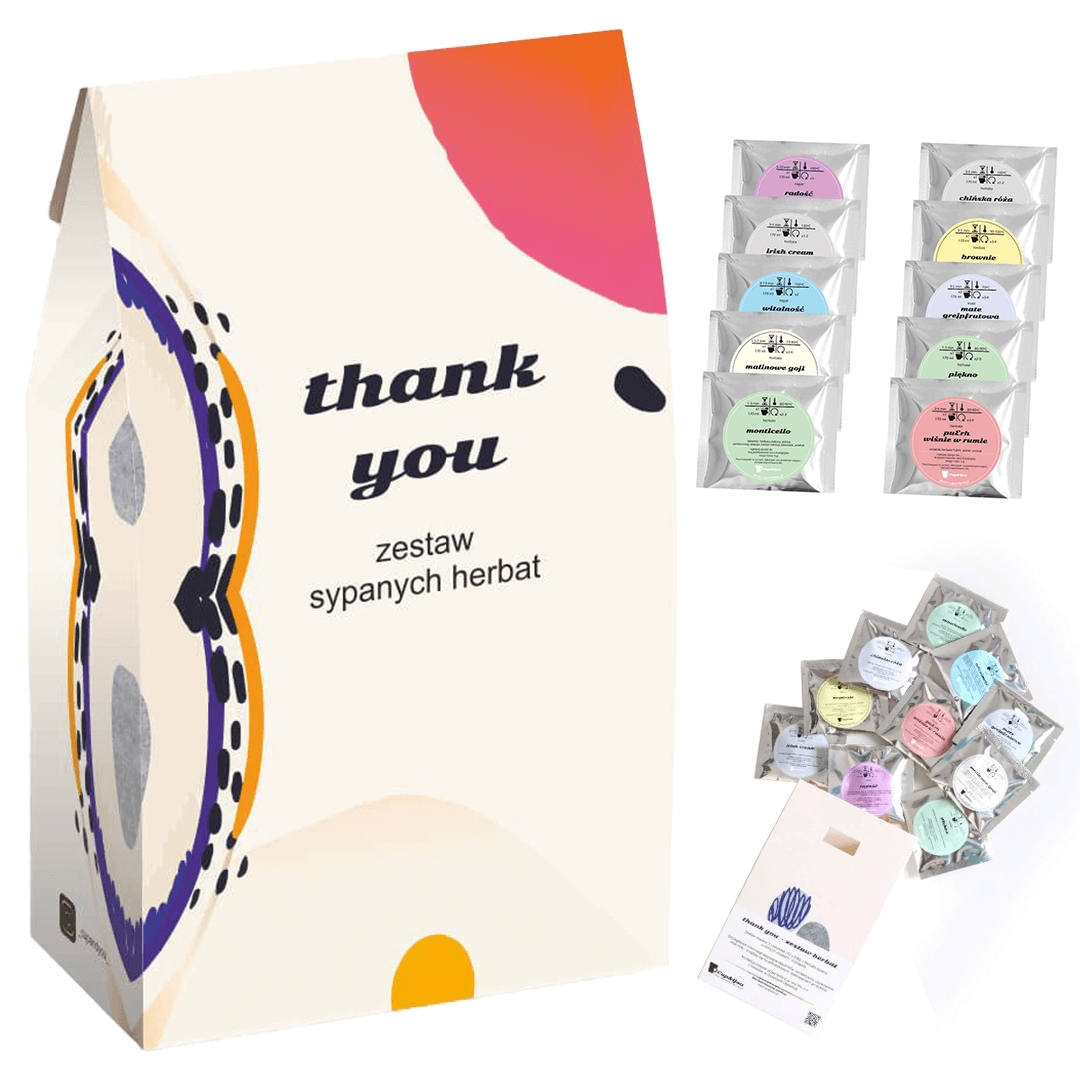 Gotowy zestaw prezentowy „Thank You“ herbata smakowa PREMIUM mix 10szt. prezent upominek podziękowanie kobiety faceta mężczyzny mamy taty żony męża