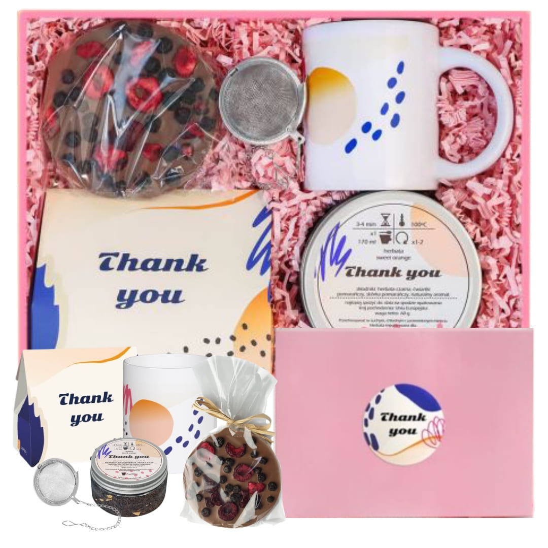 Gotowy zestaw prezentowy „Thank You“ BOX herbaty smakowe kubek zaparzacz kulka herbata PREMIUM czekolada prezent upominek podziękowanie dla faceta