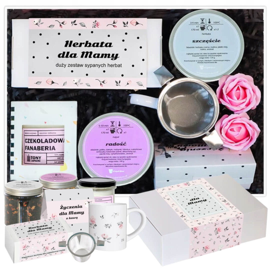 Gotowy zestaw prezentowy „Mama“ BOX kawy herbaty smakowe świeca sojowa kubek herbata PREMIUM zaparzacz prezent upominek na Dzień Matki