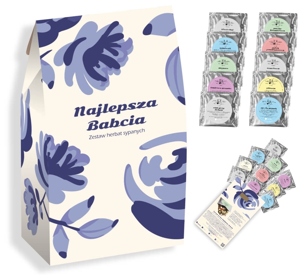 Gotowy zestaw prezentowy „Babcia“ herbata sypana PREMIUM różne smaki 10 szt. prezent upominek box na Dzień Babci dla seniorki emerytki dziad