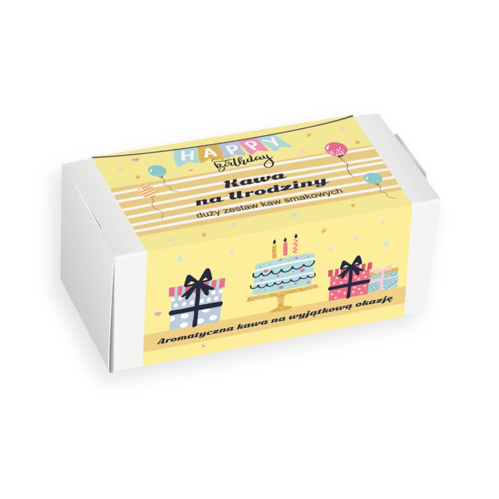 Gotowy zestaw prezentowy „Happy Birthday“ kawa aromatyzowana PREMIUM różne smaki 20szt. prezent upominek na urodziny dla kobiety faceta mężczyzny niej