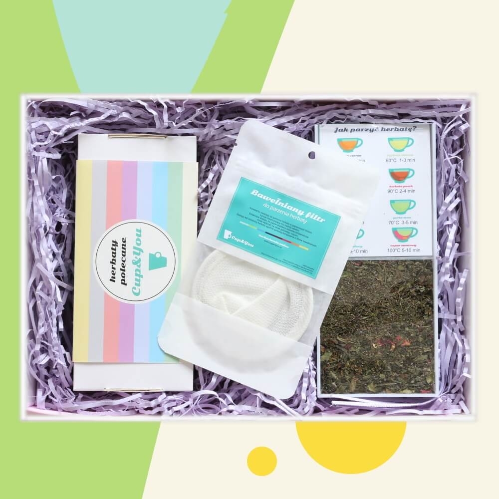 Gotowy zestaw prezentowy „TeaBox BESTSELLERS“ herbata PREMIUM mix dyspenser na saszetki bawełniany filtr prezent upominek na każdą okazję dla kobiety