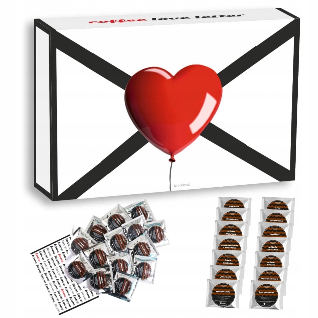 Gotowy zestaw prezentowy „Love Message“ kawa aromatyzowana PREMIUM różne smaki 14 szt. prezent upominek na walentynki rocznicę dla dziewczyny chłopaka