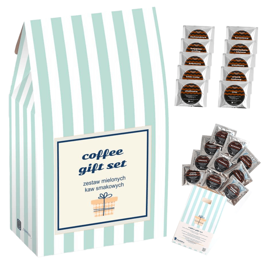 Gotowy zestaw prezentowy „COFFE GIFT SET“ kawa aromatyzowana mix 10szt. prezent upominek podziękowanie dla kobiety faceta mamy taty chłopaka żony męża
