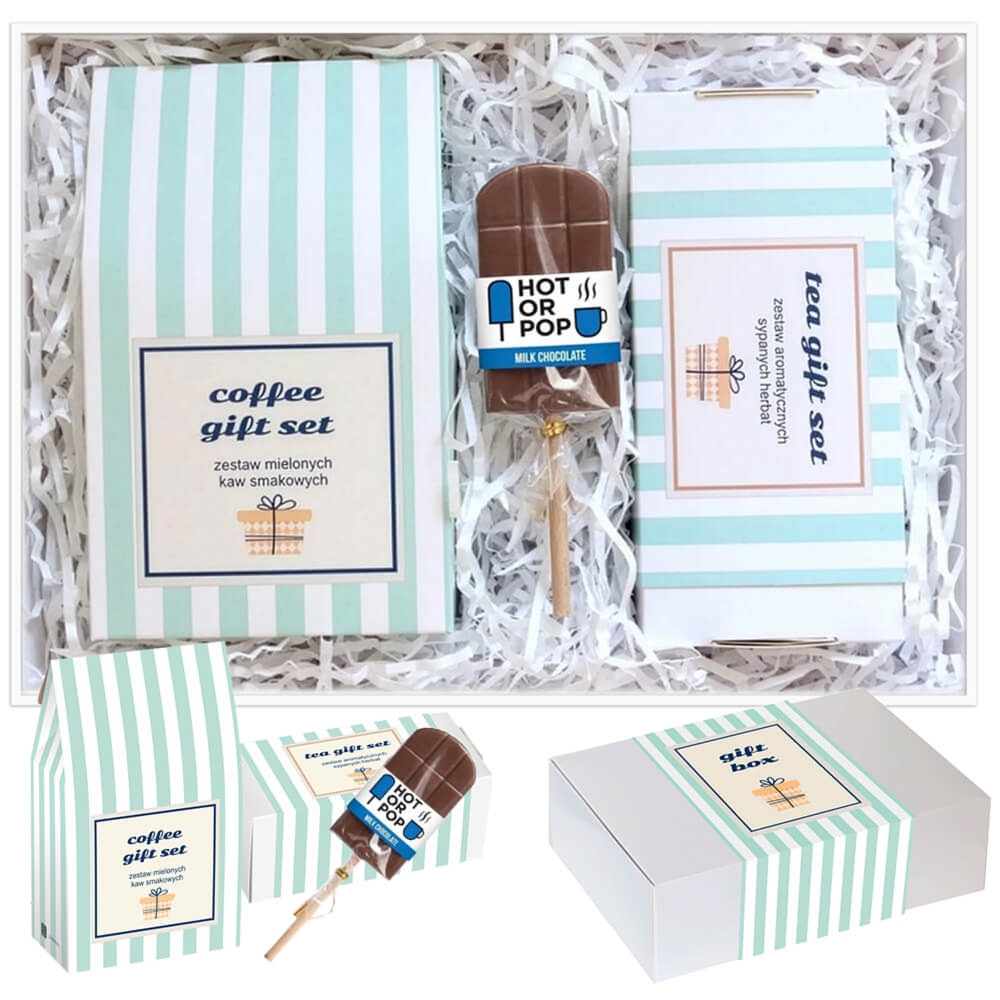 Gotowy zestaw prezentowy „Biały GiftBox“ herbata sypana PREMIUM 20szt. kawa smakowa mix czekoladowy lizak prezent upominek podziękowanie dla mamy taty
