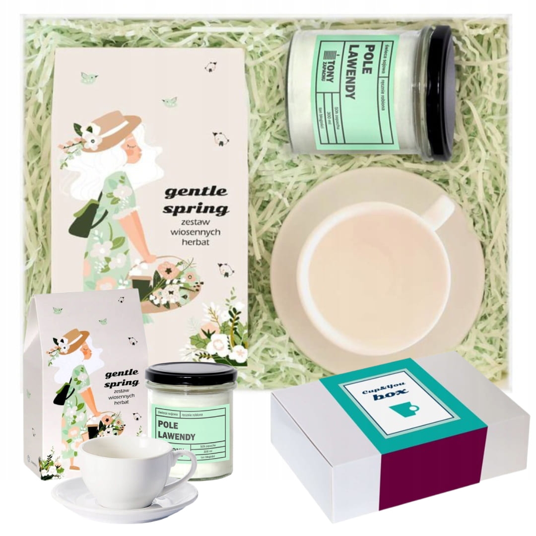 Gotowy zestaw prezentowy „Wiosenny Box GENTLE SPRING“ herbata PREMIUM mix 10szt. zaparzacz świeca sojowa filiżanka prezent upominek na każdą okazję