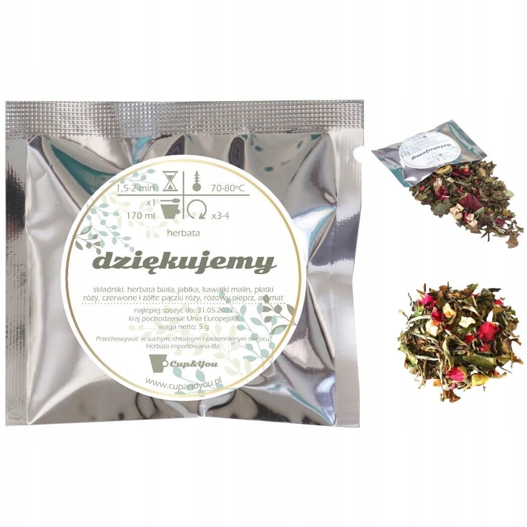 Zestaw 50 saszetek z herbatą DZIĘKUJEMY - wysokogatunkowa biała herbata różana 50x 5g eleganckie podziękowanie upominek dla gości i najbliższych