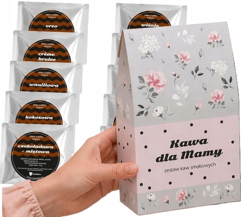 Gotowy zestaw prezentowy „dla Mamy“ kawa aromatyzowana PREMIUM różne smaki 10szt. prezent upominek na Dzień Matki dla ukochanej mamy kobiety koneserki