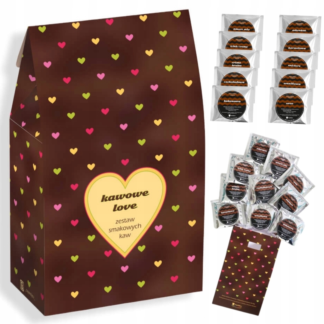 Gotowy zestaw prezentowy „Kawowe Love“ kawa aromatyzowana PREMIUM 10szt. prezent upominek na walentynki dla zakochanych ukochanej żony kobiety faceta