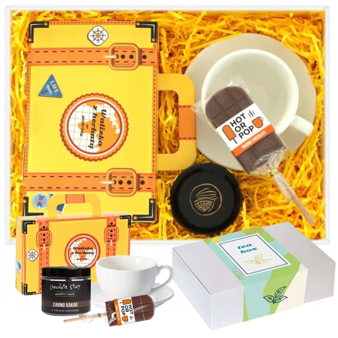 Gotowy zestaw prezentowy „TRAVEL TeaBox“ herbaty PREMIUM walizka zaparzacz filiżanka ziarno kakao w czekoladzie lizak prezent upominek na każdą okazję