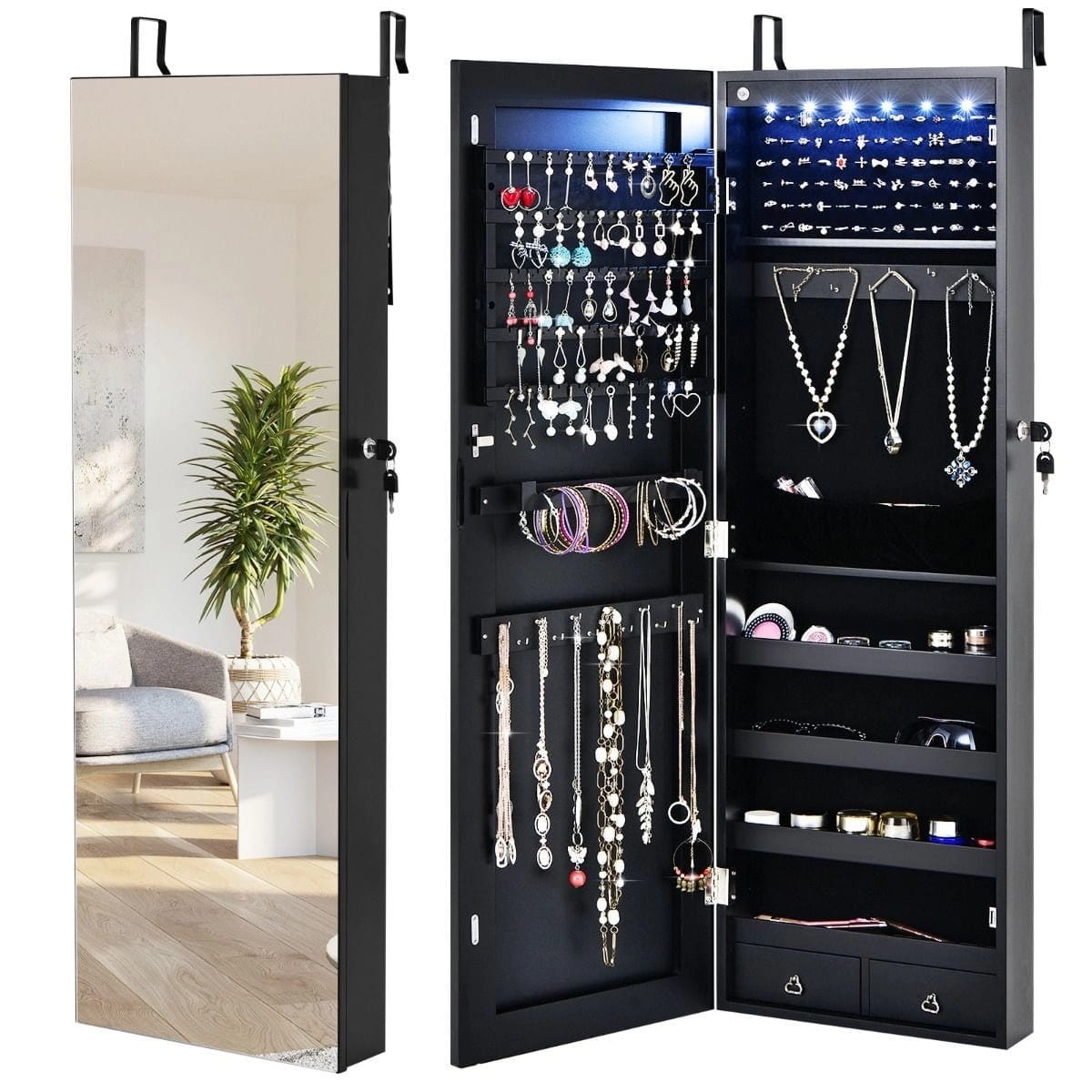 Organizer na biuteri z 6 lampkami LED i 2 szufladami 36 x 10 x 108 cm