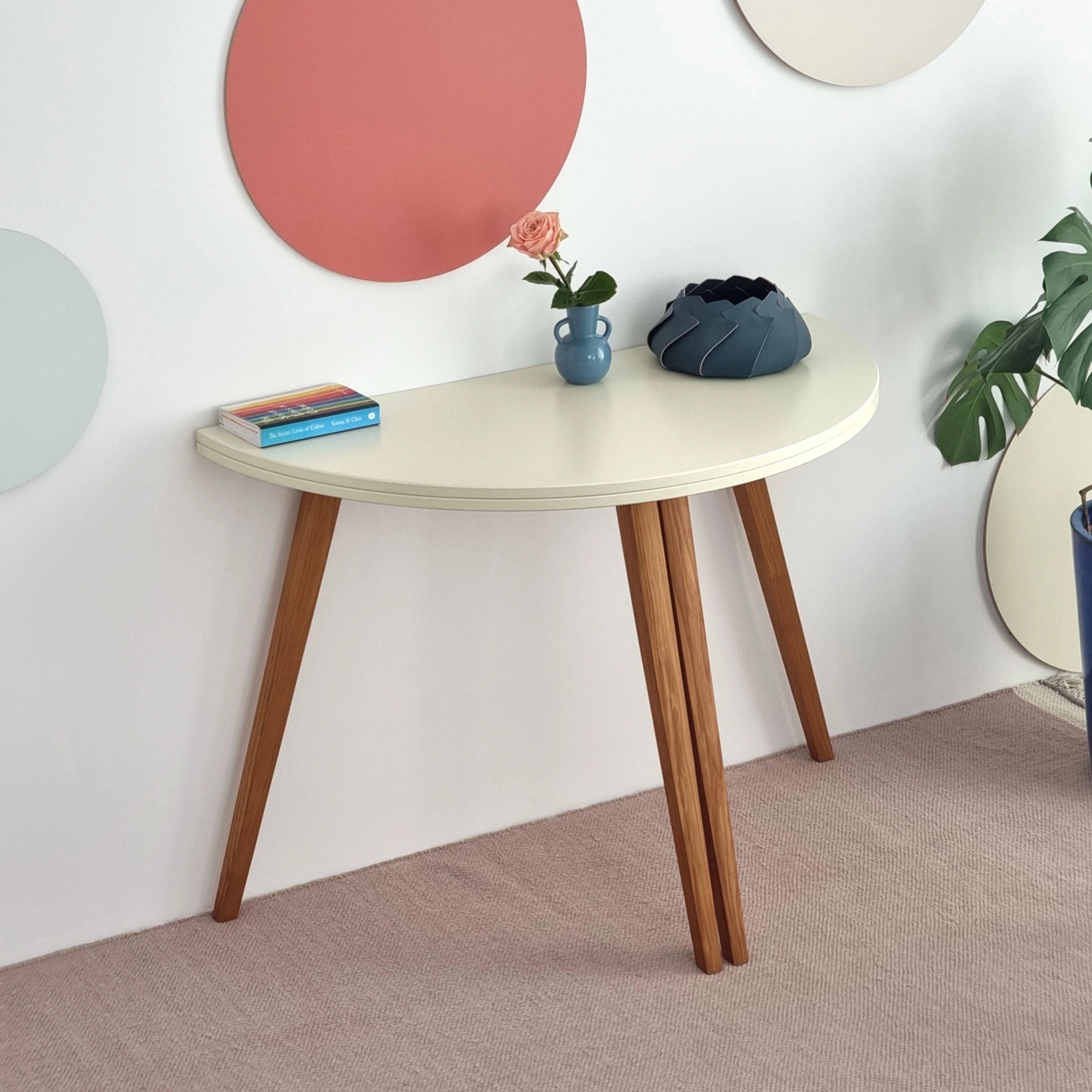 Półksiężycowy rozkładany stół MAWI śr. 110cm Ciemny Koralowy Jesion