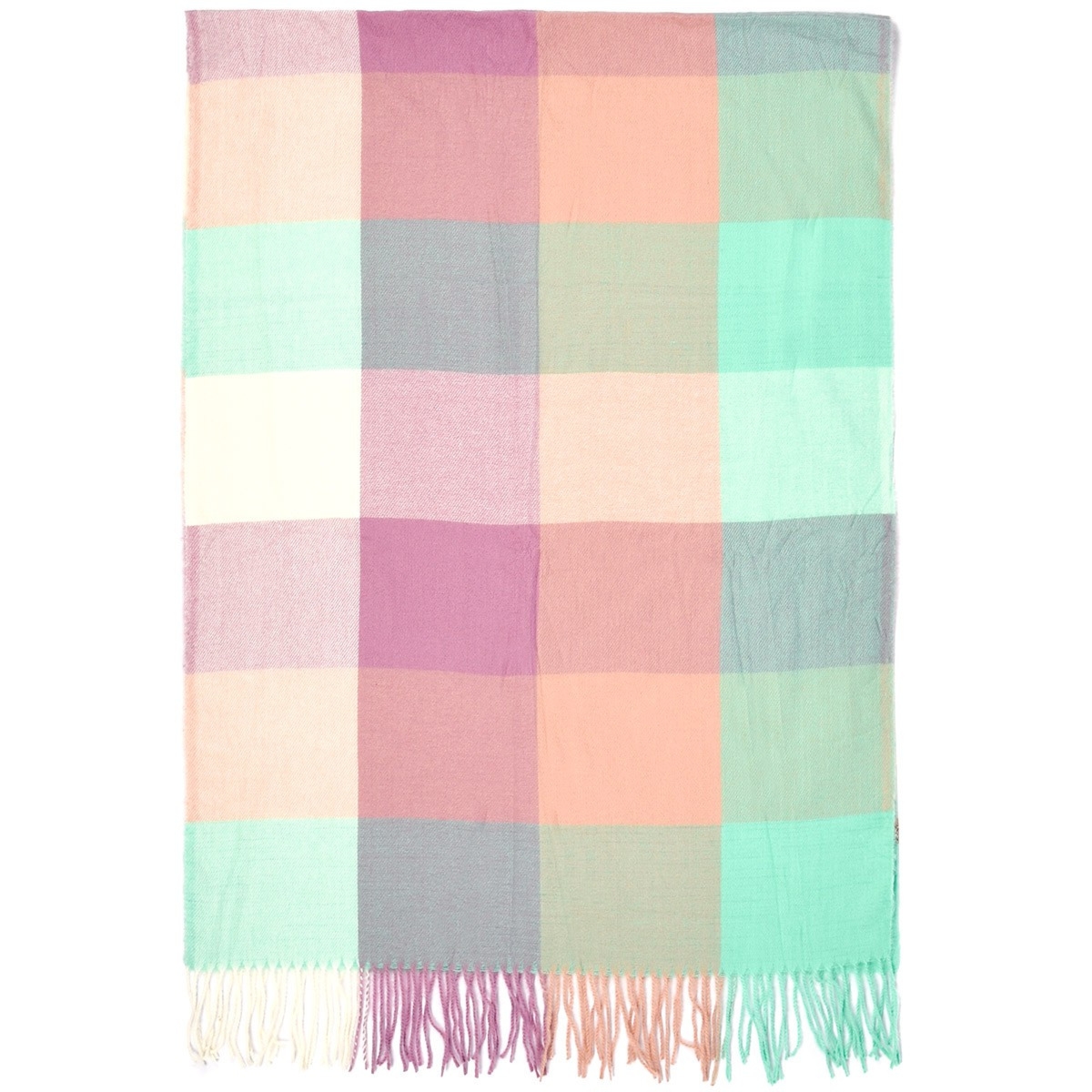 Miętowy Duży Szalik Damski bawełniany ciepły szal w kratę frędzle AX-13