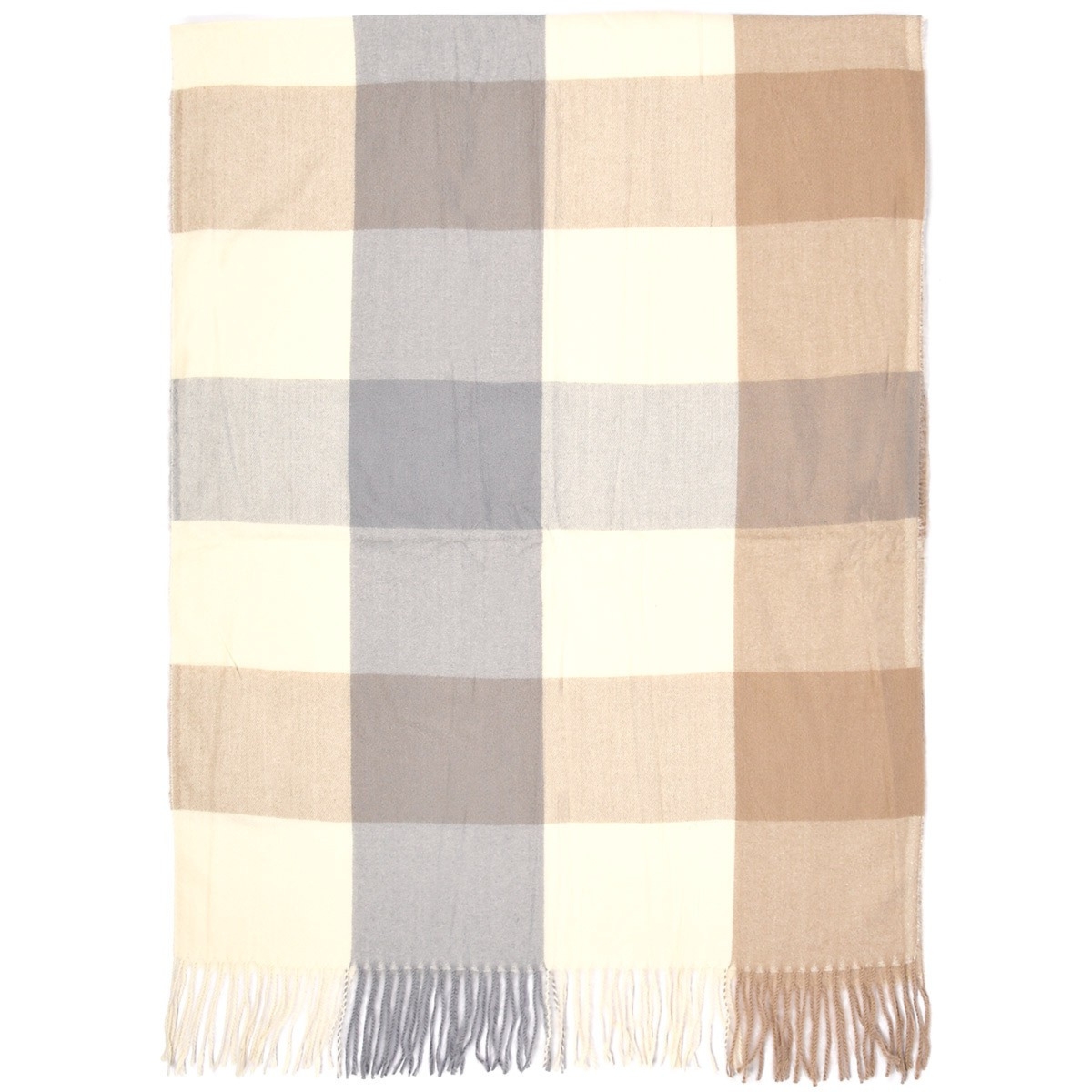 Ecru Duży Szalik Damski bawełniany ciepły szal w kratę frędzle AX-13