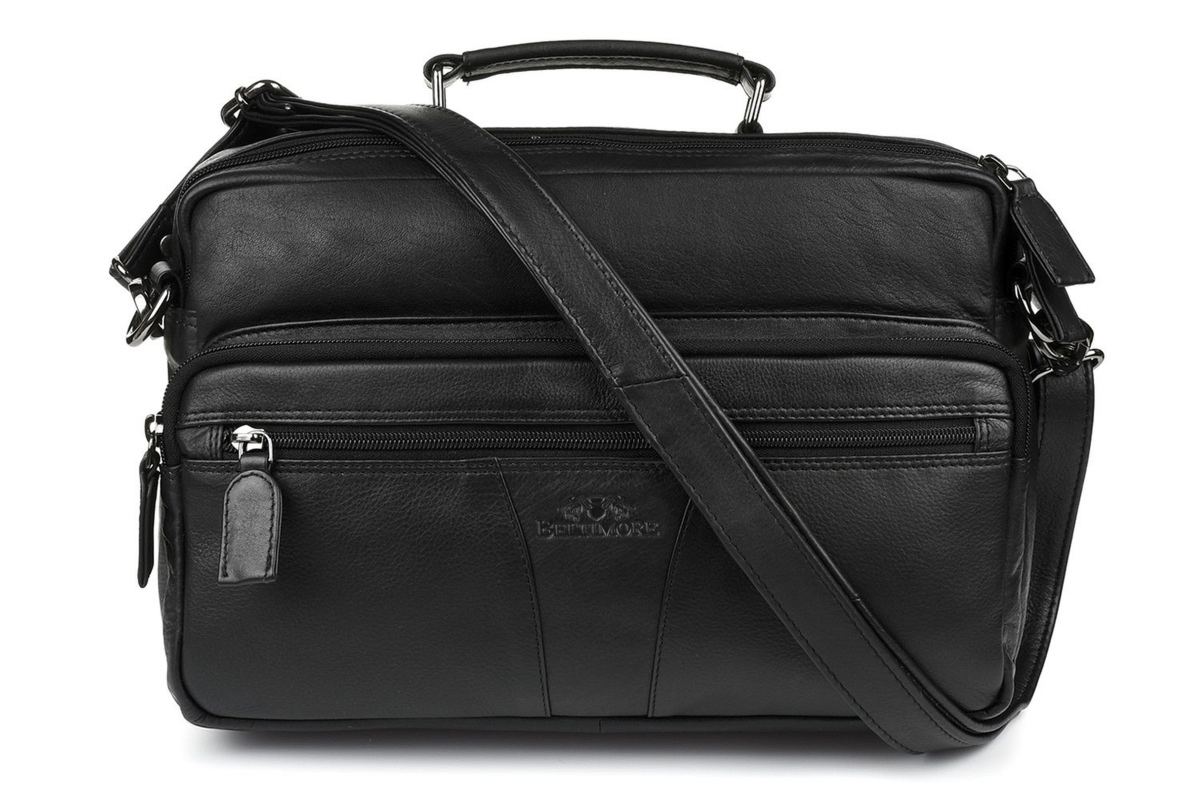Czarna Beltimore Torba męska Skórzana pozioma trzykomorowa Q69