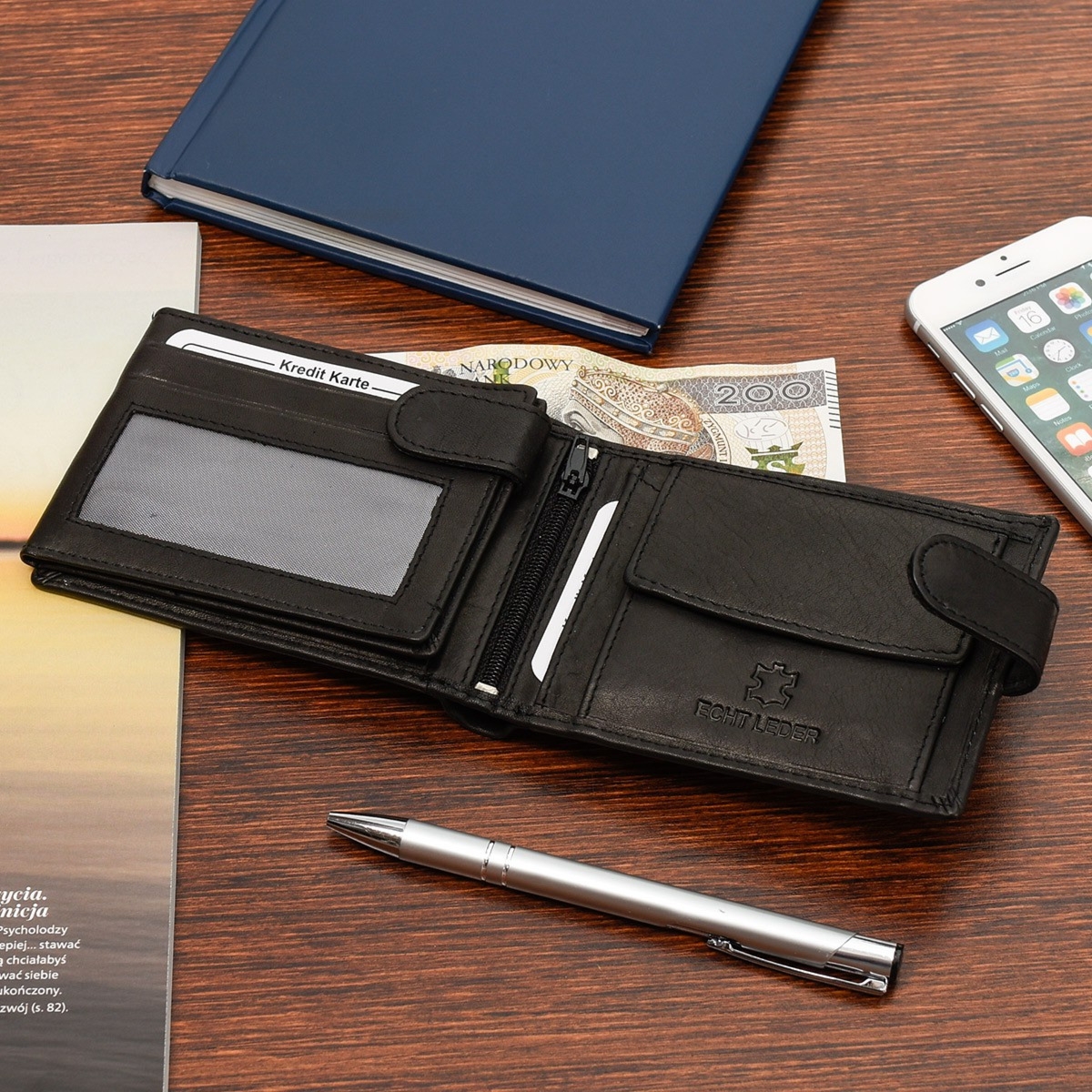 Czarny Bag Street Portfel Skórzany Męski poziomy na karty 883