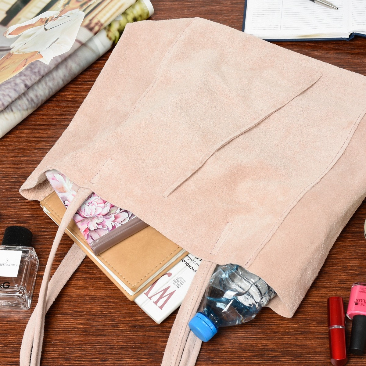 Pudrowy róż Damska Włoska Skórzana Torebka Worek A4 Troczek W18