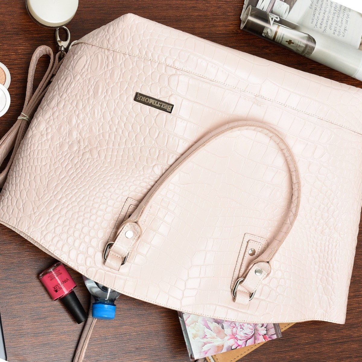 Pudrowy róż torebka zarka skóra naturalna koszyk A4 na ramie Beltimore S15