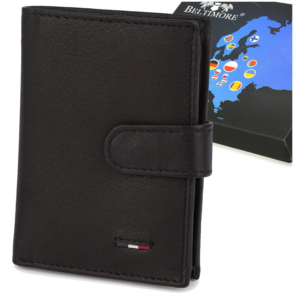 Portfel skórzany męski mały pionowy z flagą czarny RFiD Beltimore D53