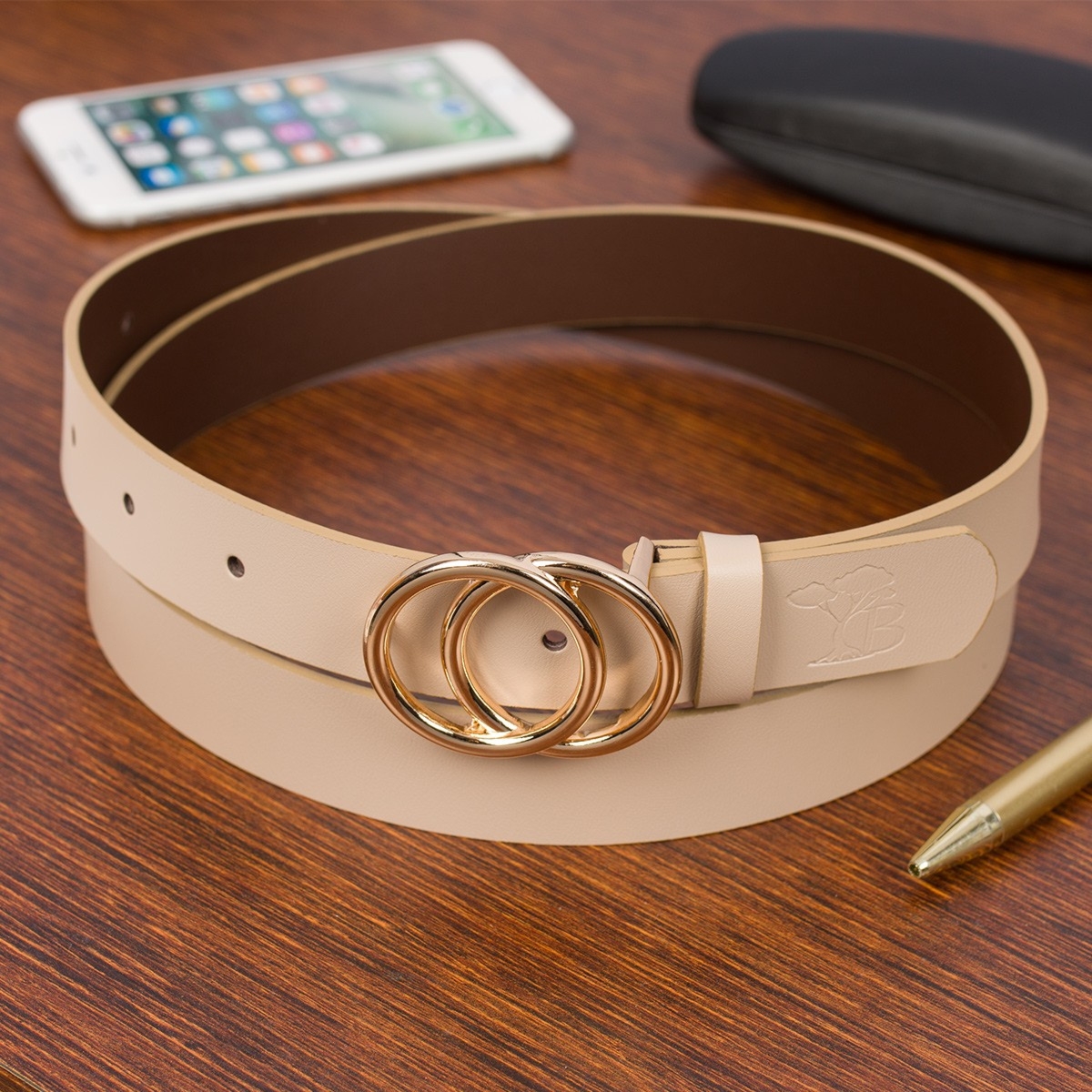 Skórzany pasek damski do spodni sukienki koła klasyczny cielisty Beltimore B07 : Kolory - ecru, kremowy, Rozmiar pasków - r.110-125 cm