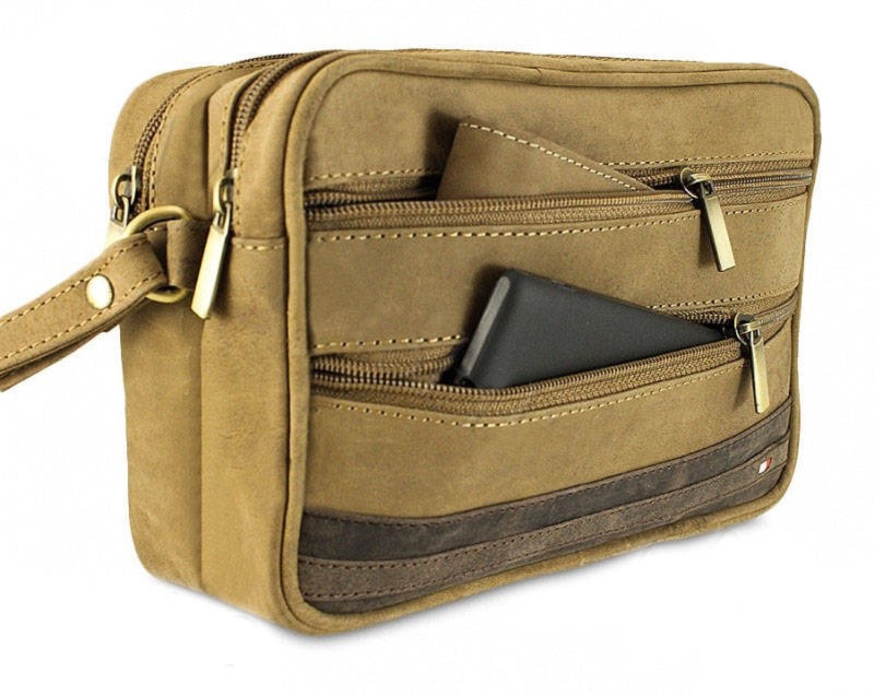 Dwukomorowa Skórzana męska saszetka do ręki Wild