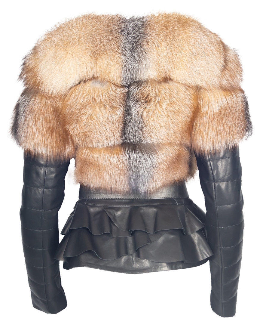 Damska ciepła Skórzana Kurtka z futrem z lisa wiązana w pasie Bukowski