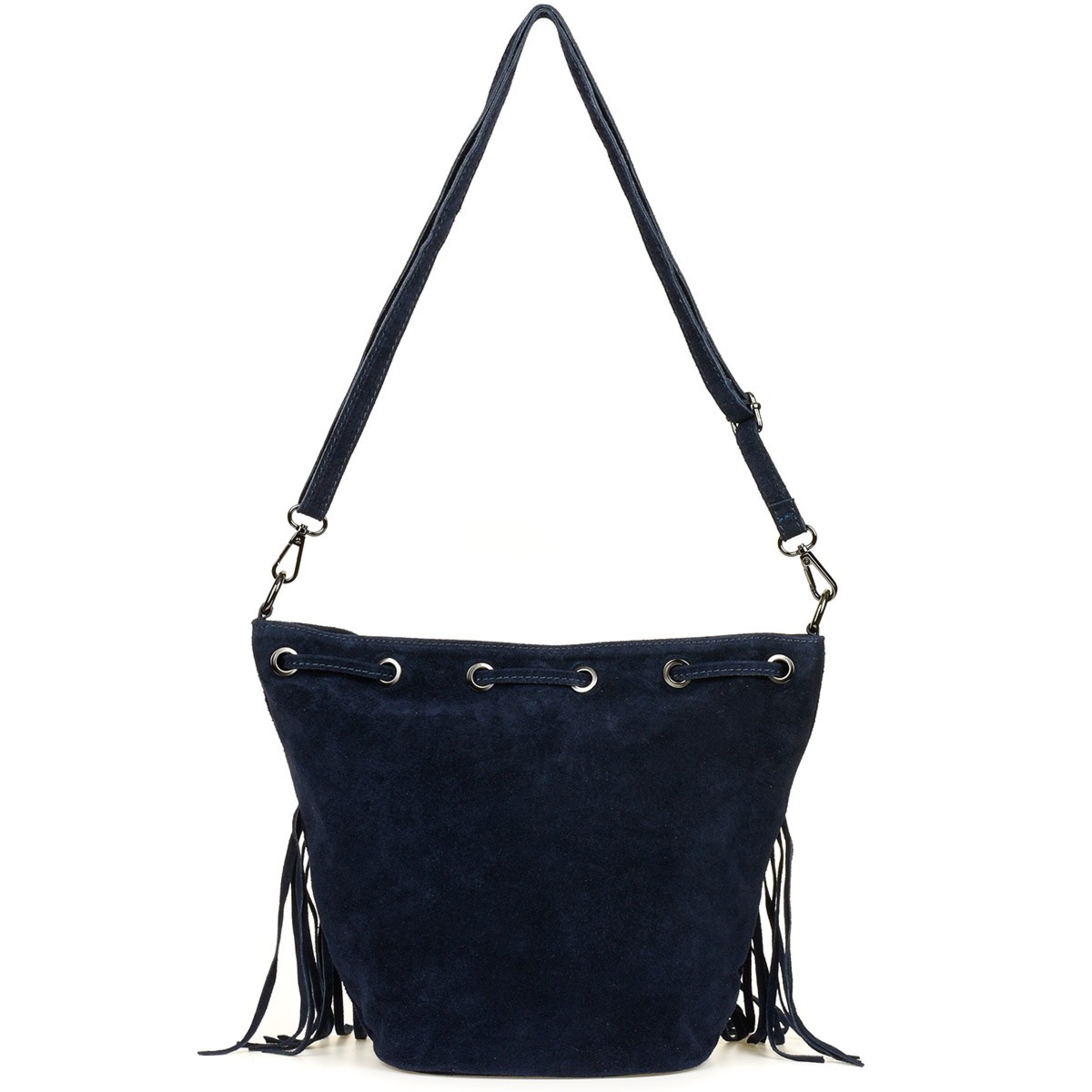 Granatowa Damska Torebka Worek Skóra Zamsz Frędzle Włoska X39