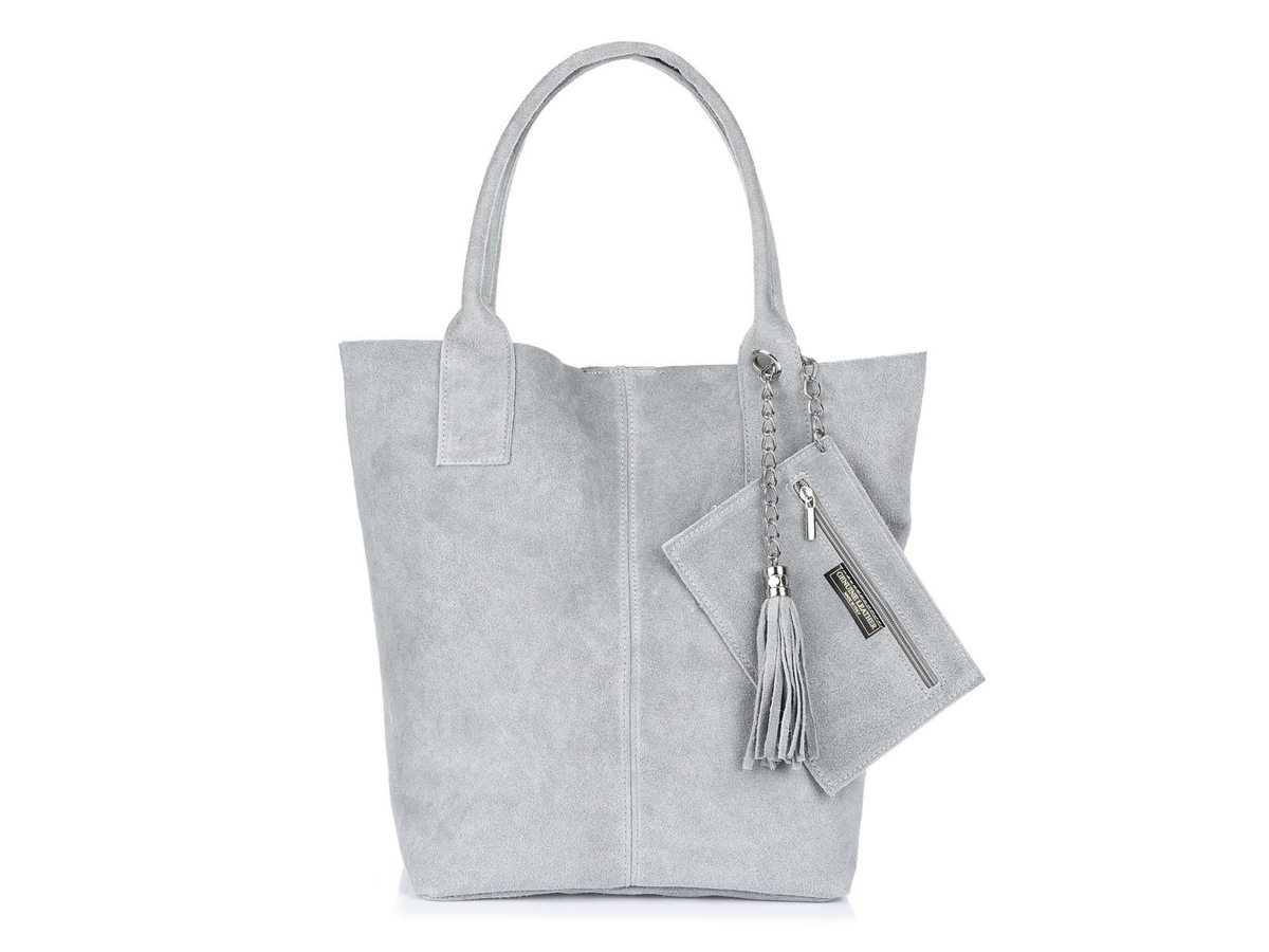 Torebka skórzana zamszowa WOREK duża A4 Z SASZETKĄ jasnoszara L82