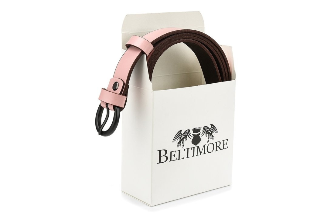 Beltimore skórzany damski pasek czarny 2,5 cm jasny róż A62 : Kolory - różowy, Rozmiar pasków - r.95-110 cm