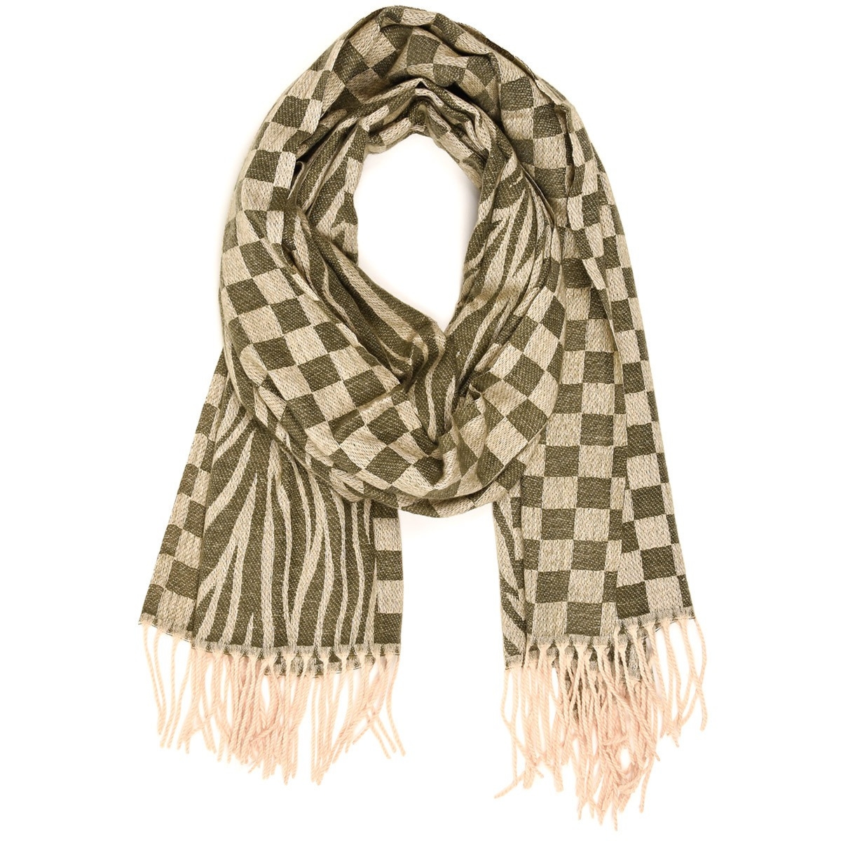 Khaki Duży Szalik Damski bawełniany ciepły szal szachownica ST-23