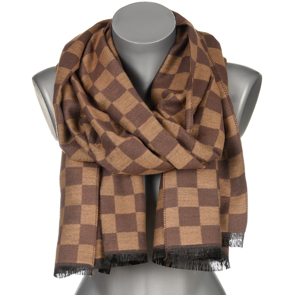 Brązowy Duży Szalik Damski bawełniany ciepły szal szachownica AX-103