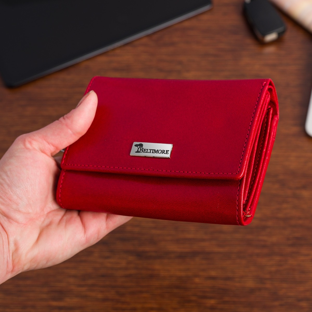 Portfel skórzany damski RFiD skóra na karty klasyk czerwony Beltimore A01