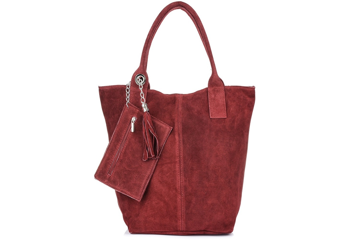 Torebka skórzana zamszowa WOREK duża A4 Z SASZETKĄ bordowa L82