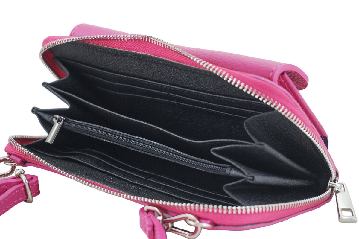 Portfel z etui na telefon ze skóry licowej - Fuksja