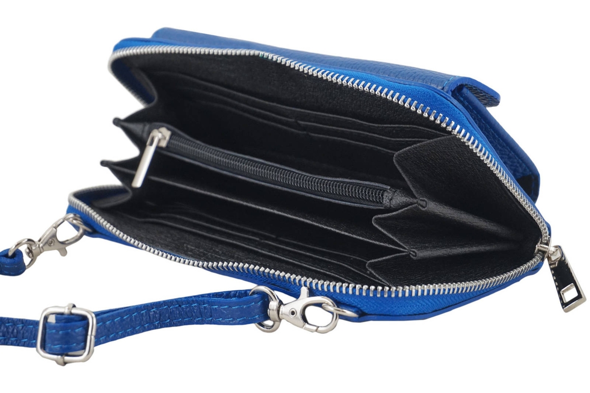 Portfel z etui na telefon ze skóry licowej - Chabrowy