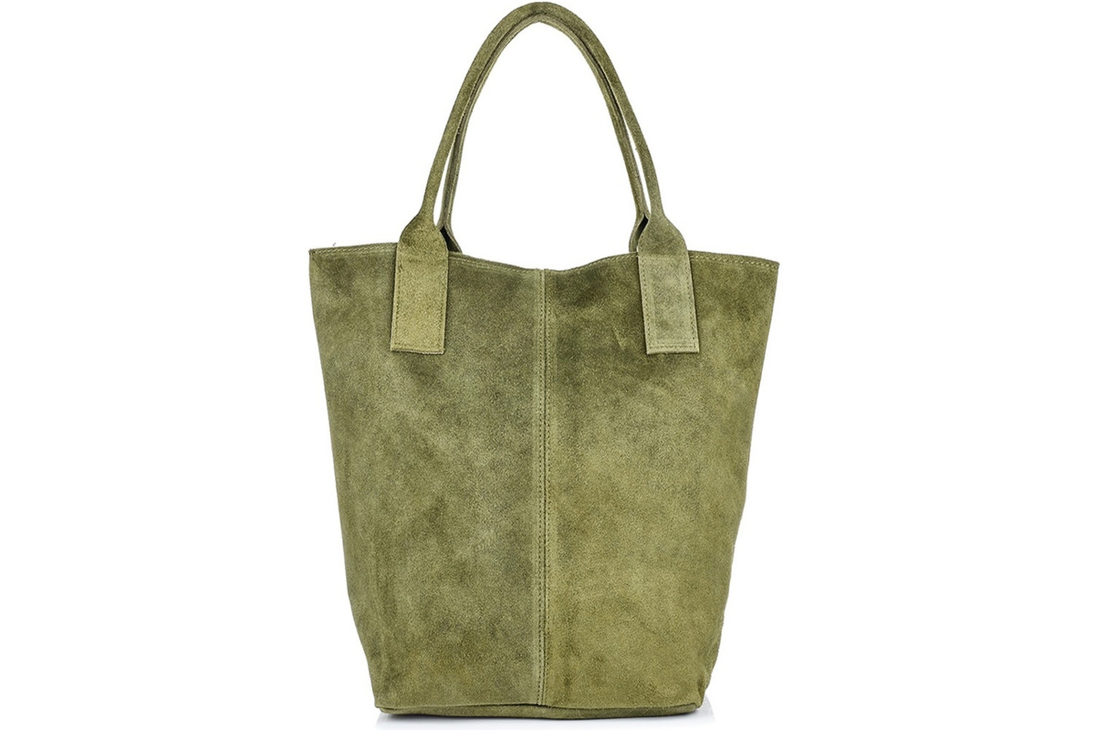 Torebka skórzana zamszowa WOREK duża A4 Z SASZETKĄ oliwkowa L82