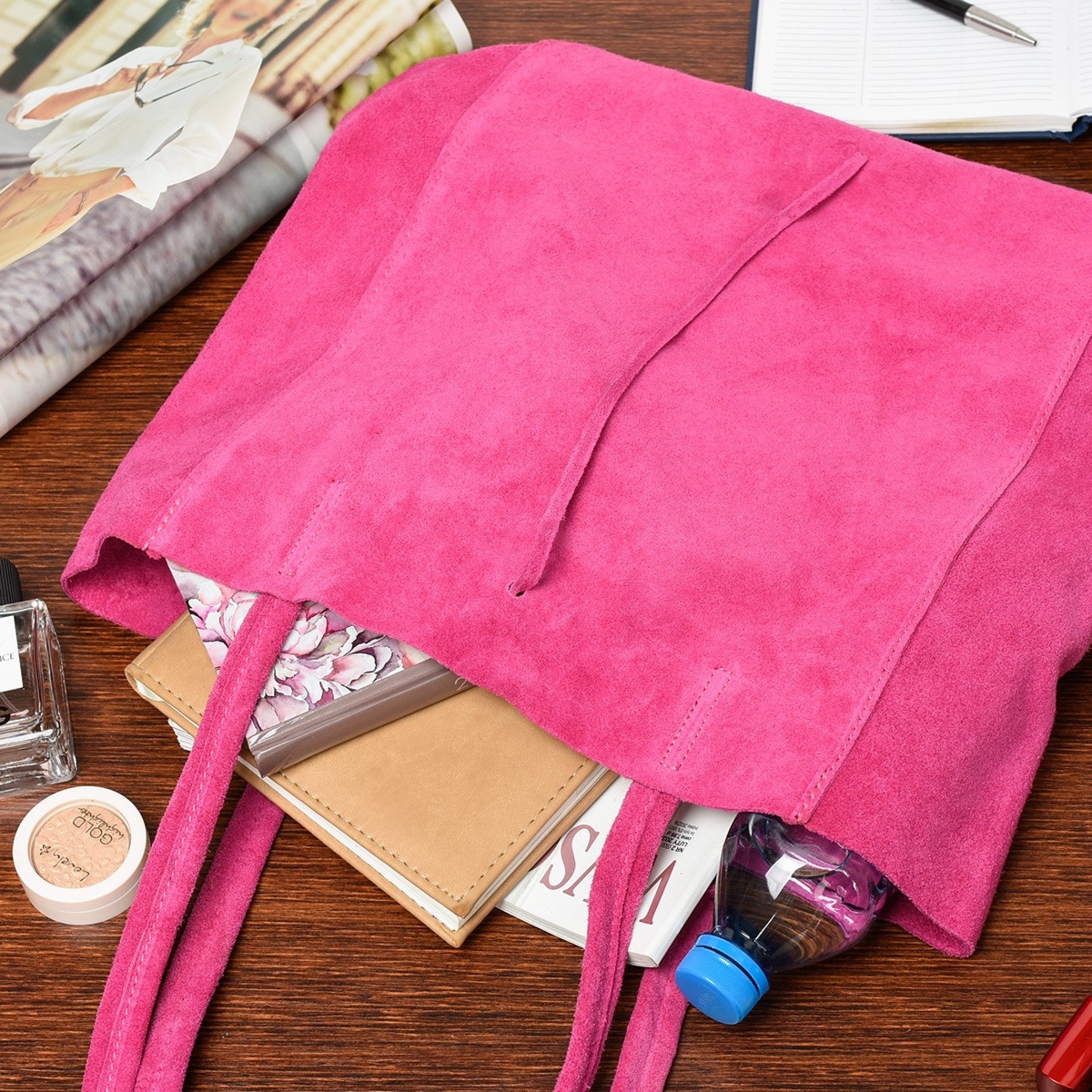 Damska Włoska Skórzana Torebka Worek A4 Troczek fuksja W18