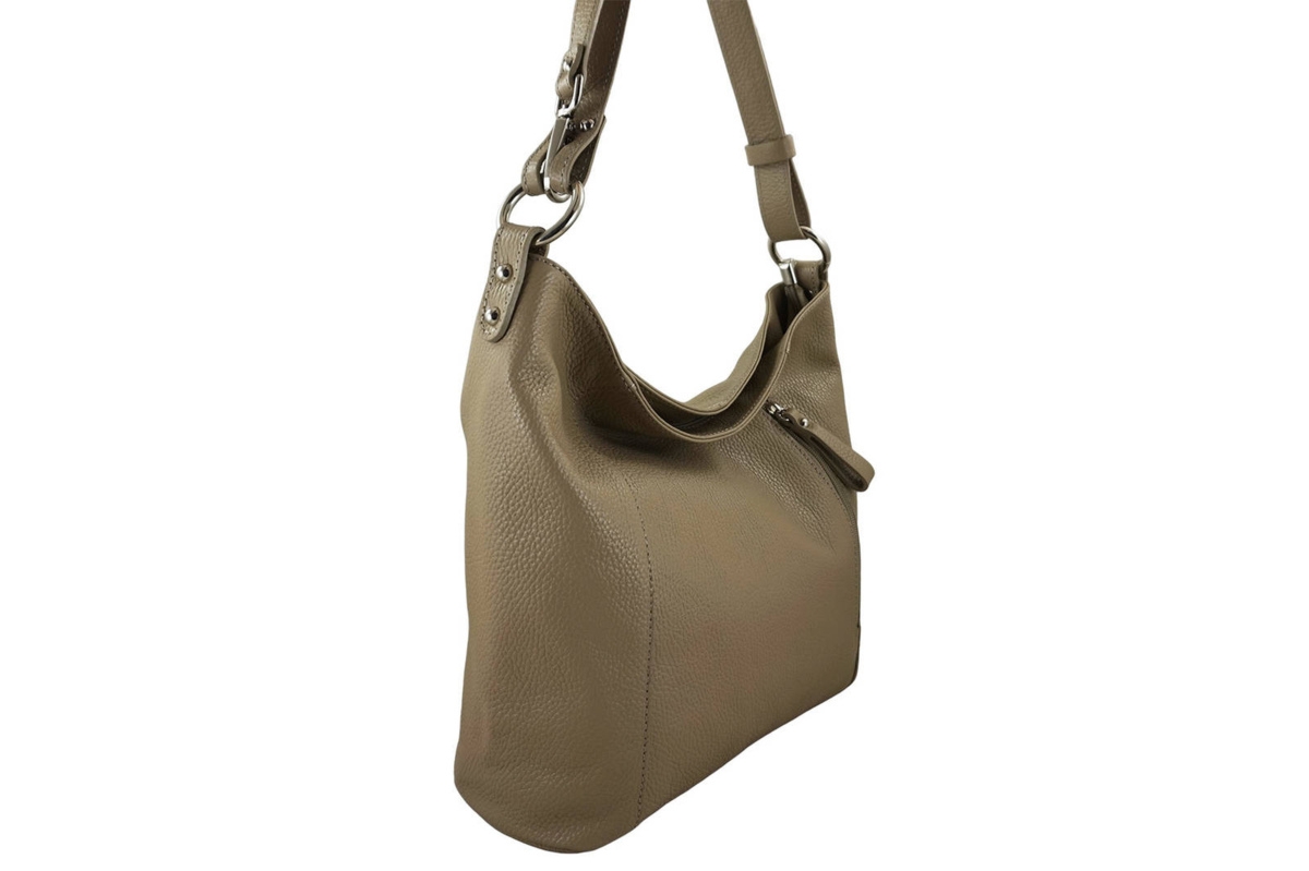 Pojemny skórzany worek na ramię - Beżowy