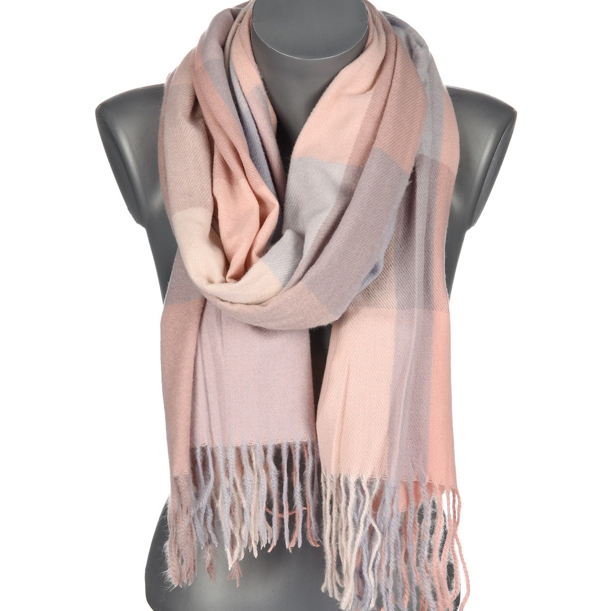 Różowy Duży Szalik Damski bawełniany ciepły szal w kratę frędzle AX-13