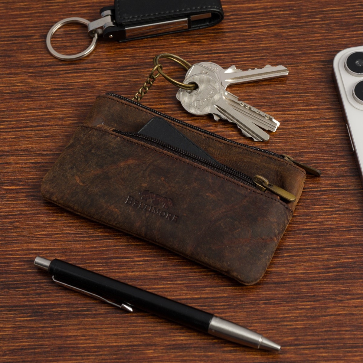 Skórzane etui na klucze dokumenty, pokrowiec kluczówka brązowe vintage E48