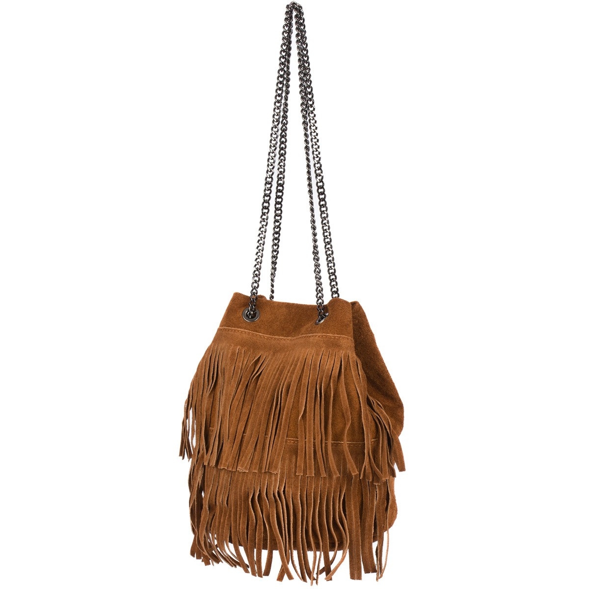 Damska Torebka Worek Skóra Zamsz Frędzle troczki łańcuch Włoska koniak M24