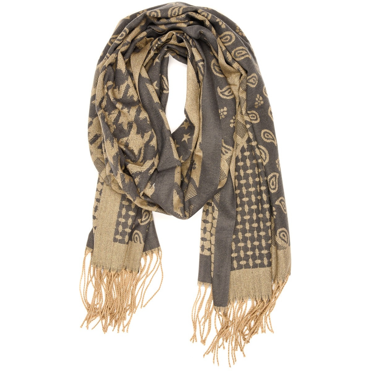 Szary Duży Szalik Damski bawełniany ciepły szal frędzle AX-95