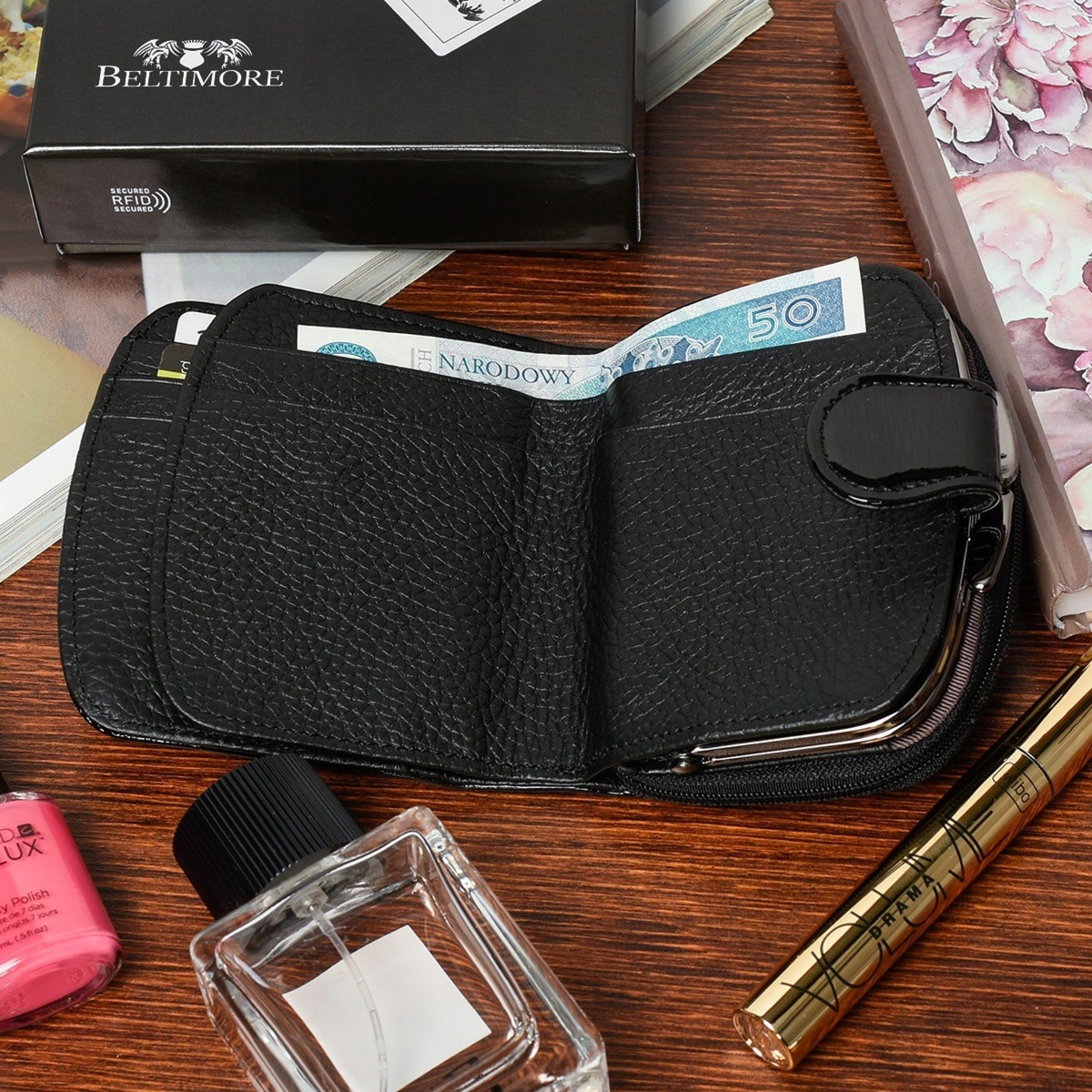 Portfel skórzany damski RFiD skóra na karty klasyk czarny Beltimore A01