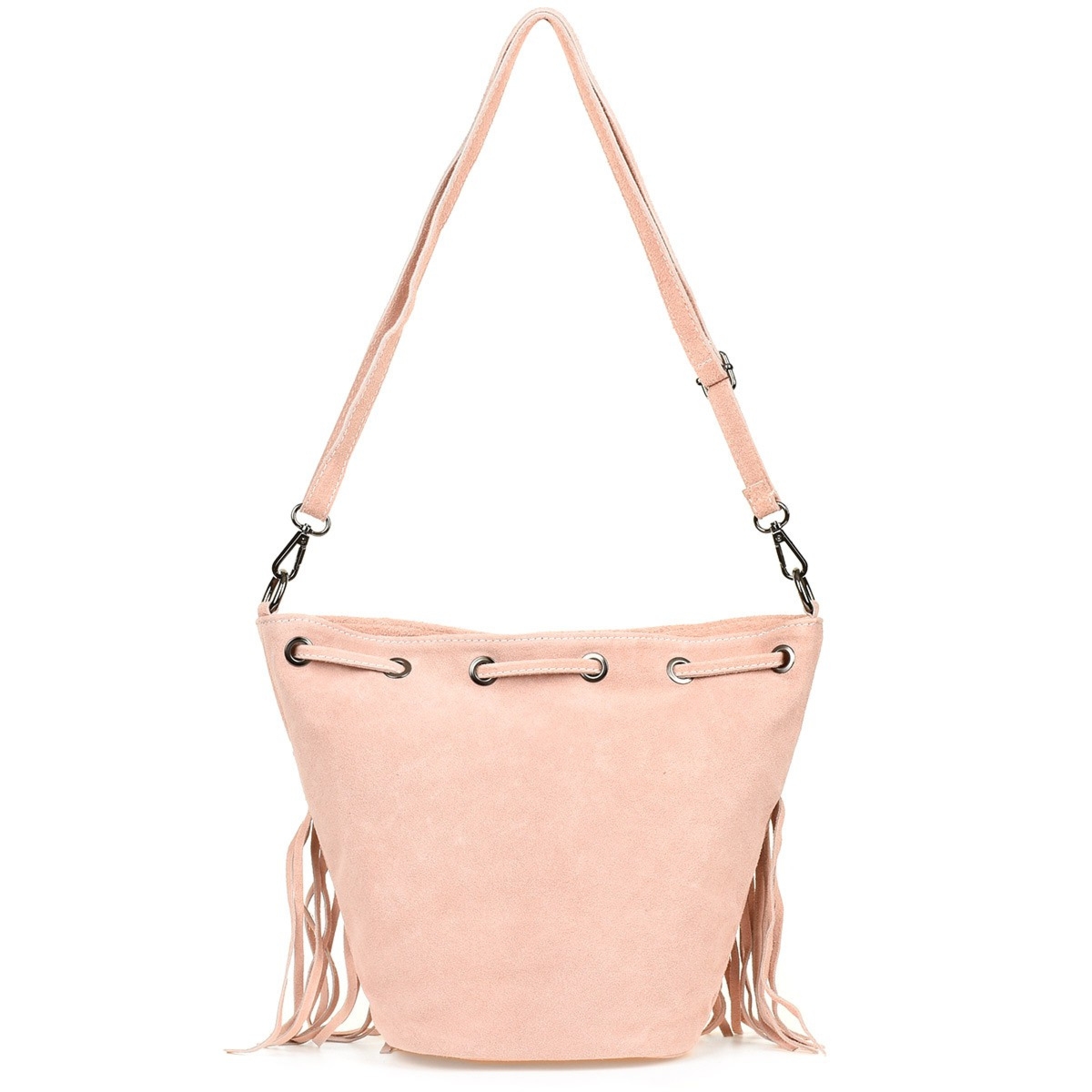 Pudrowy róż Damska Torebka Worek Skóra Zamsz Frędzle Włoska X39