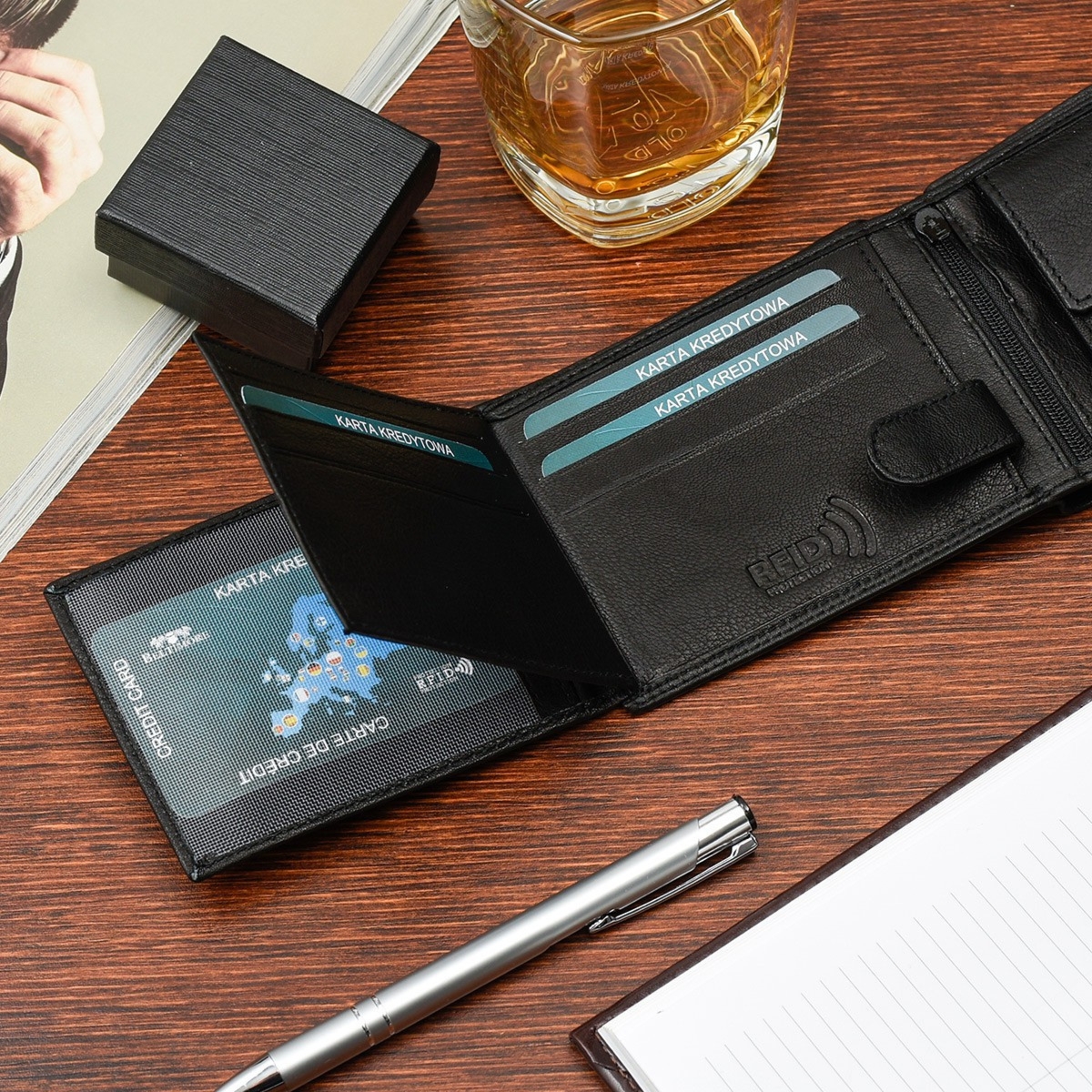 Zestaw męski skórzany portfel szelki X czarne Beltimore U52