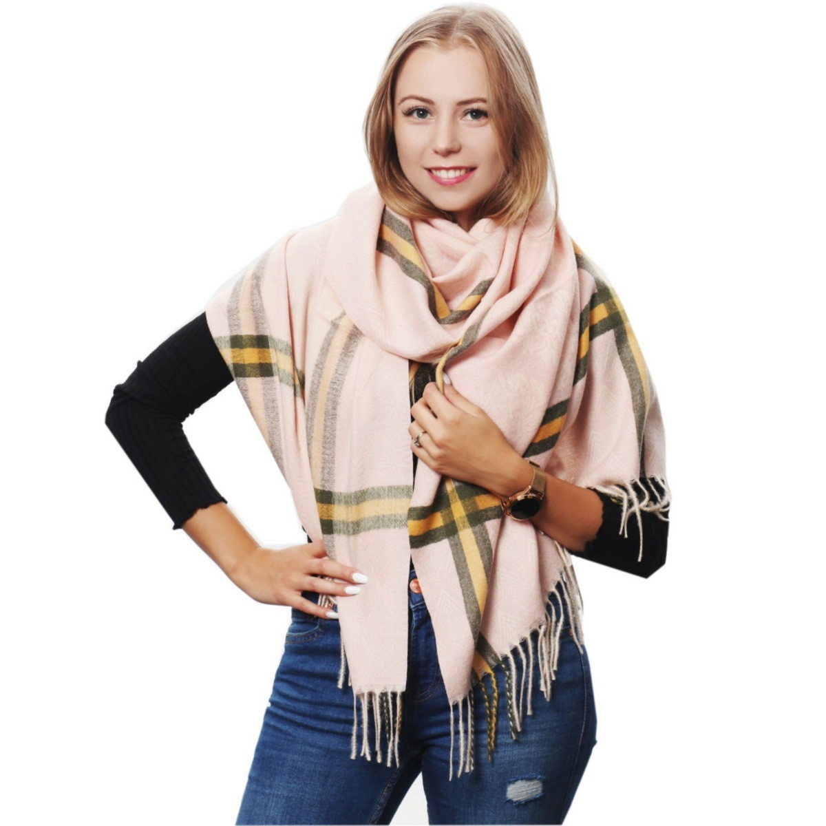 Różowy Bawełniany duży szalik damski ciepły szal elegancki D09